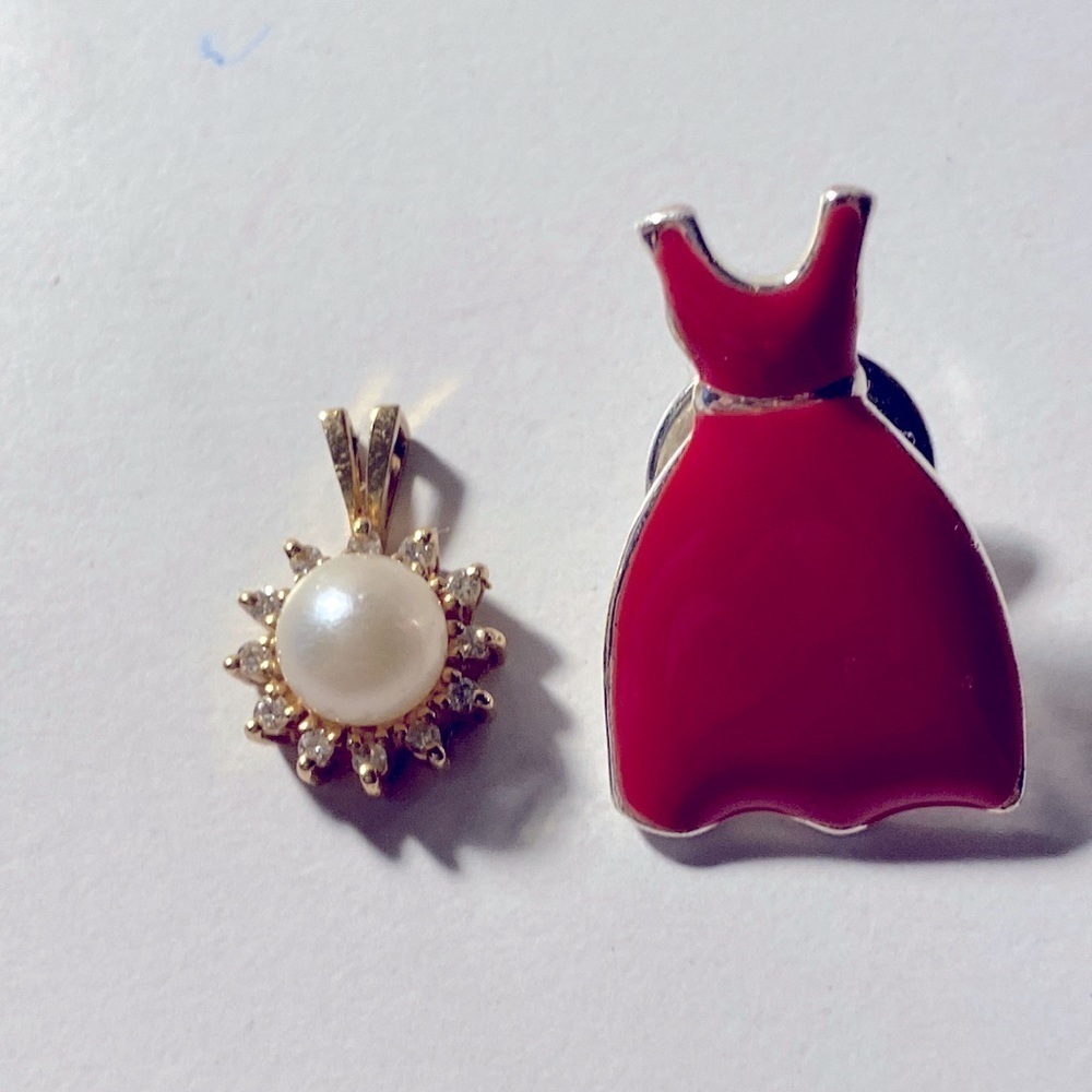 Gold Plated Charm + Pearl & Red Dress Pin